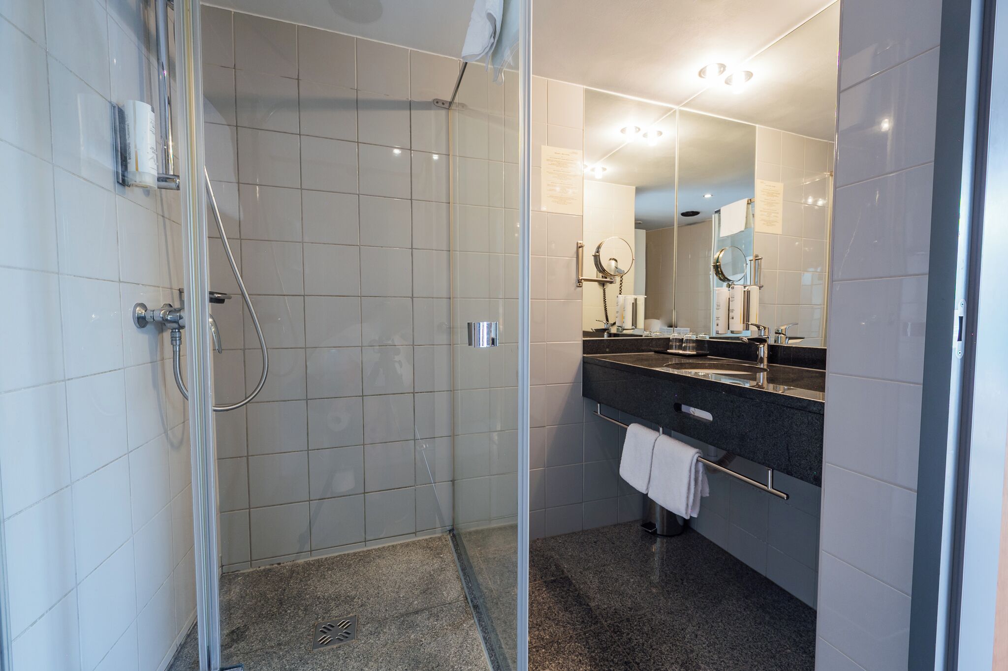 Une salle de bain moderne avec une douche à parois de verre, un meuble-lavabo doté d’un plan de toilette foncé et un grand miroir.