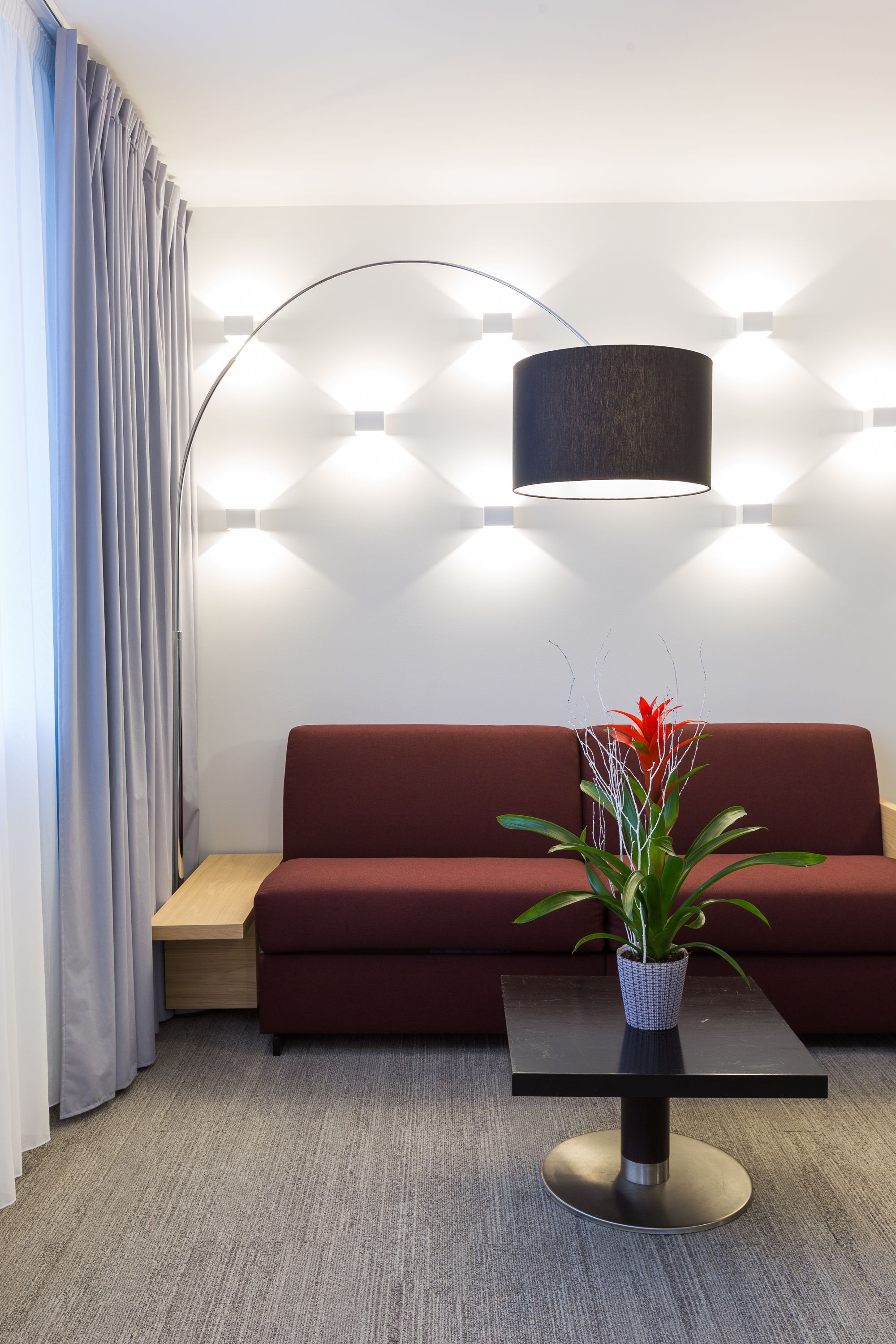 A modern living room with a red sofa, a black coffee table with a potted plant, and a floor lamp.