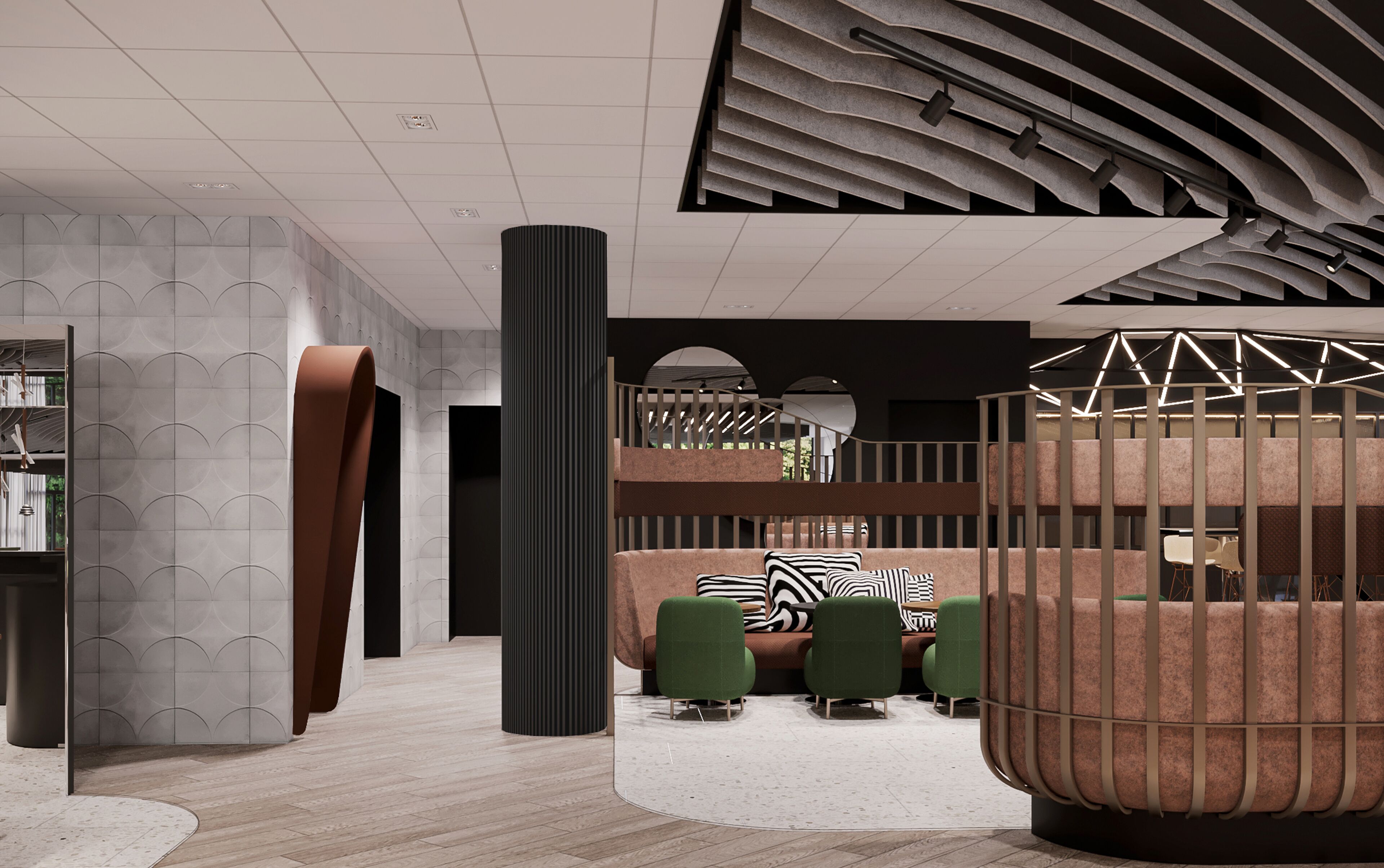 A modern interior with a high ceiling, a central column, and a seating area with green chairs.