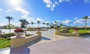 Stroll through a serene outdoor oasis featuring fountains, lush greenery, and vibrant flowers.