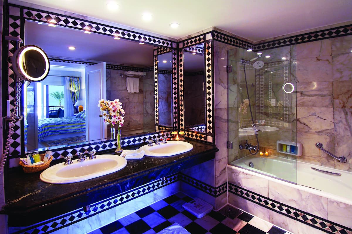 combined shower/bathtub, hydromassage showerhead, hair dryer, bathrobes