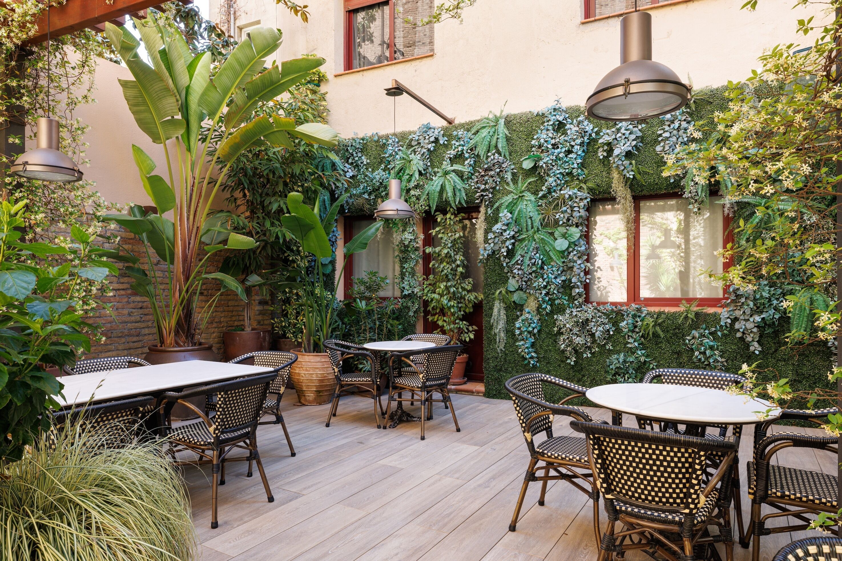 Un patio al aire libre con mobiliario de mimbre, plantas en macetas y una pared verde.