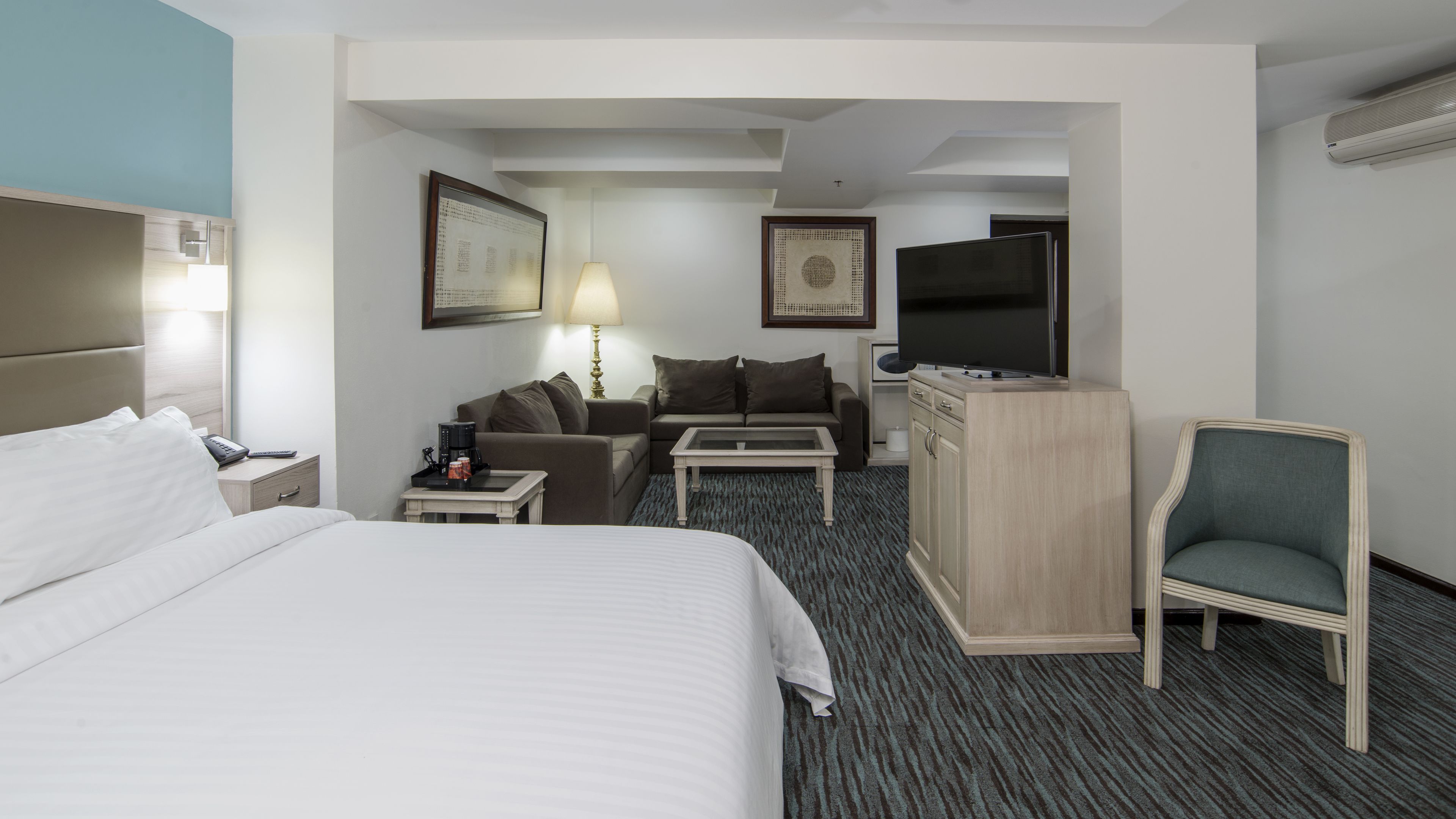 A hotel room with a large bed, a sofa, a desk, a TV, and a chair.