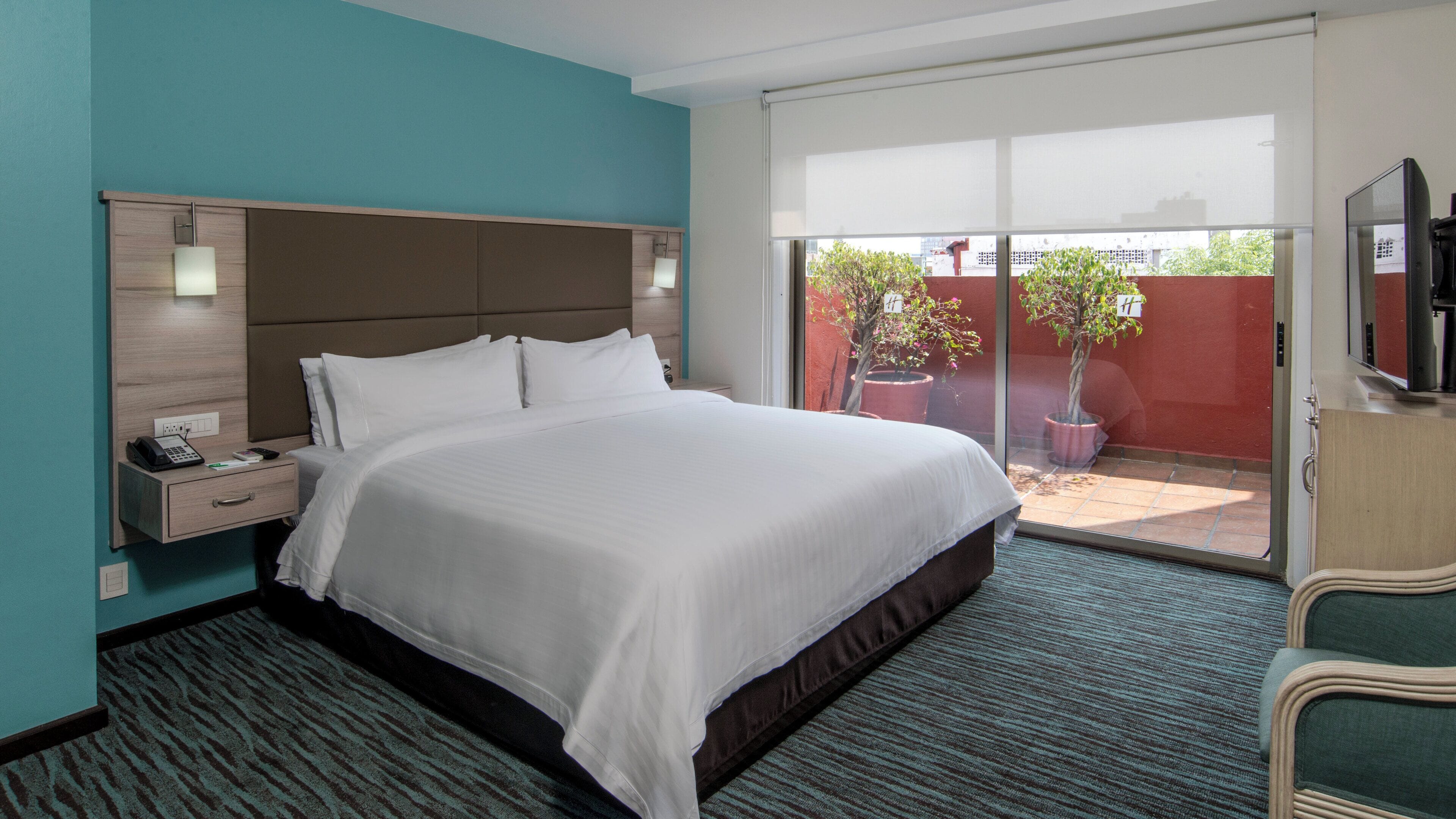 A hotel room with a large bed, a bedside table with a phone, a TV, and a view of the outside through a sliding door.