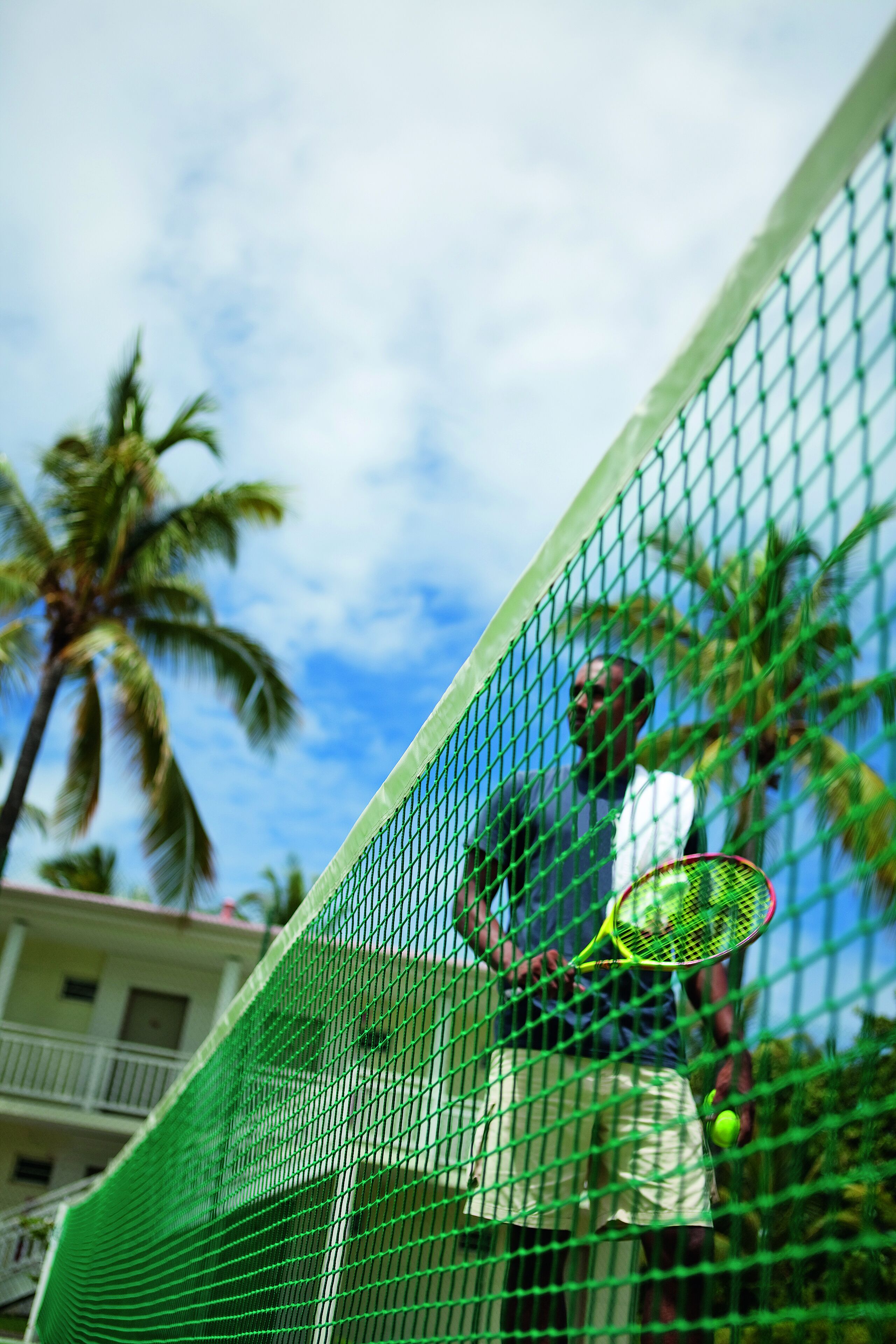 A tennis court with a net, palm trees, and a building in the background.