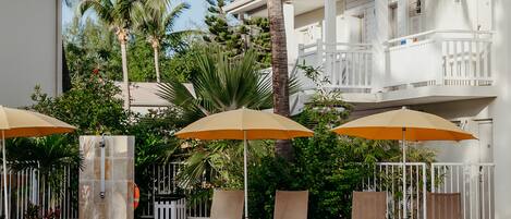 A pool area with lounge chairs and umbrellas, surrounded by palm trees and a building with balconies.