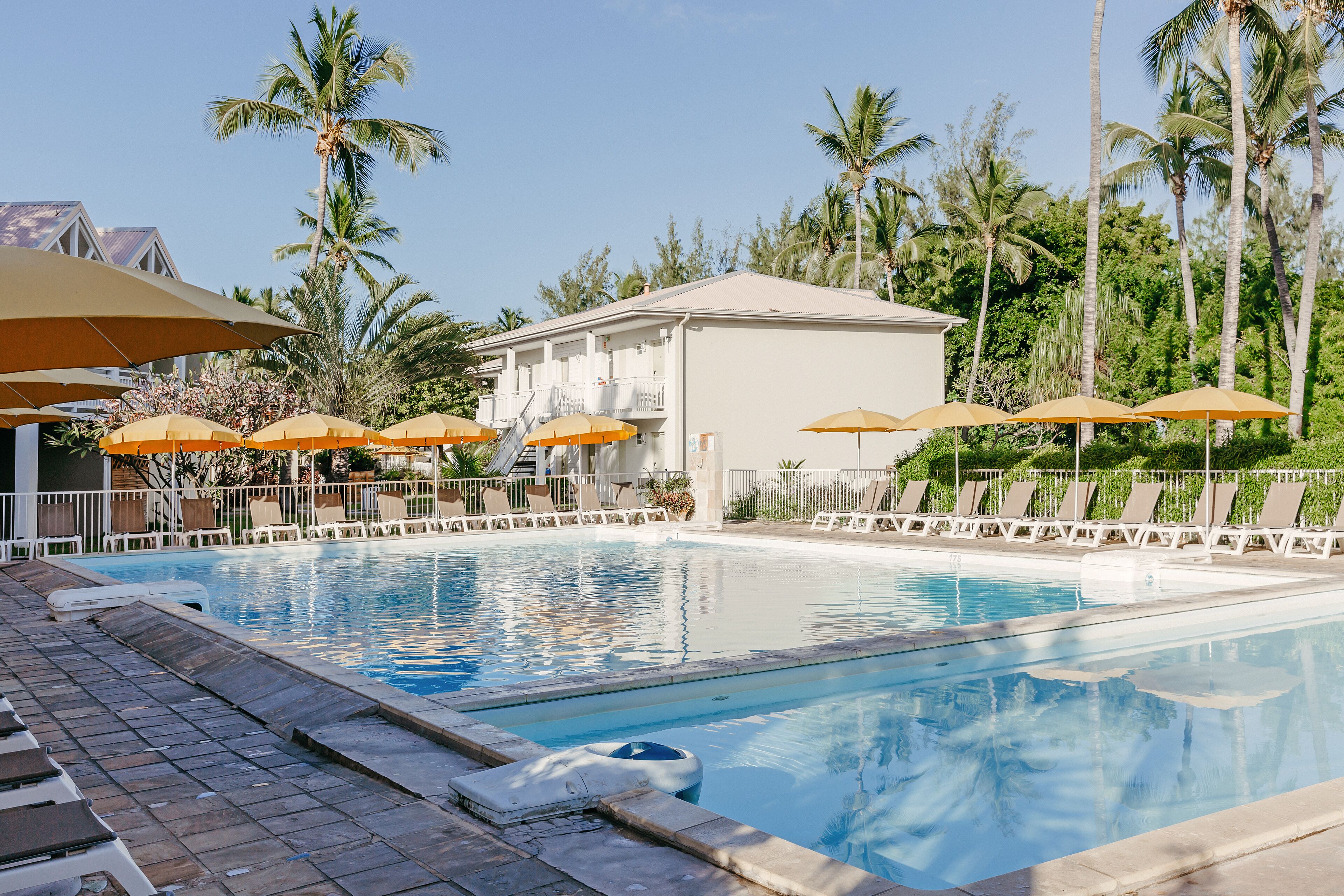 A swimming pool with lounge chairs and umbrellas, surrounded by palm trees and a building with a white facade.