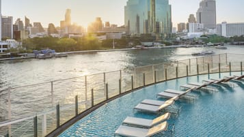 Outdoor pool, pool umbrellas, pool loungers