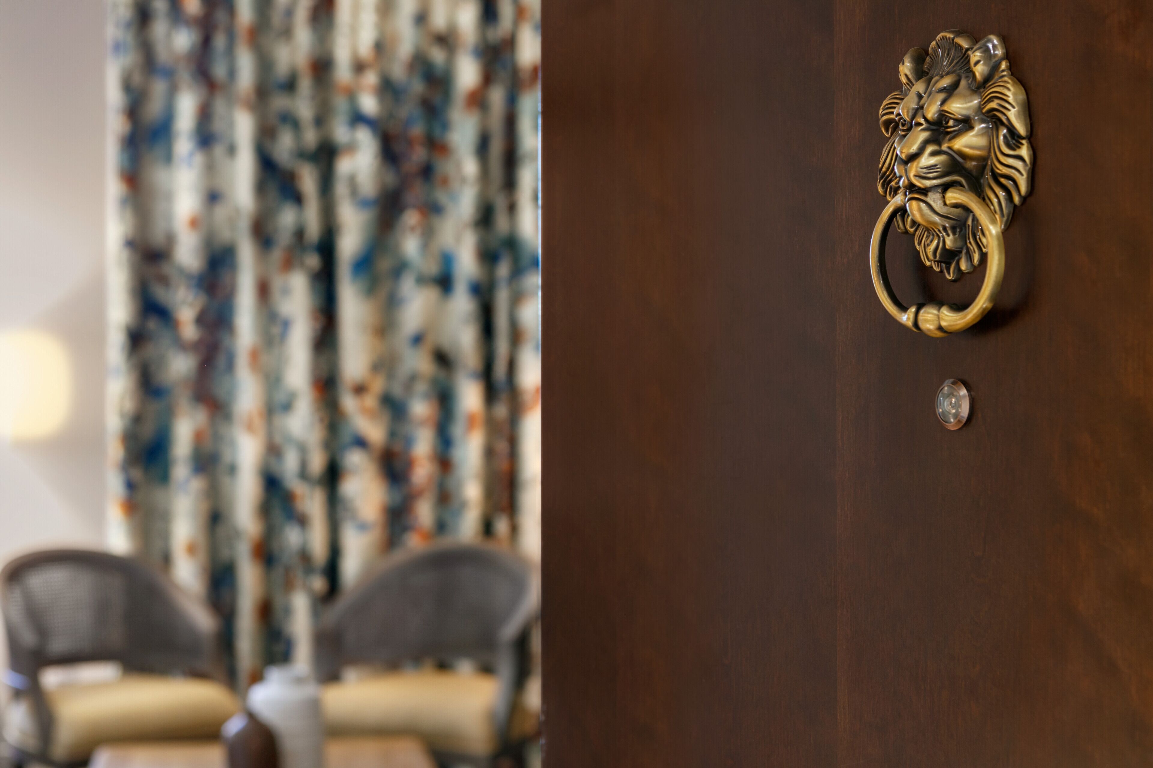 A wooden door with a lion head knocker and a small round knob.