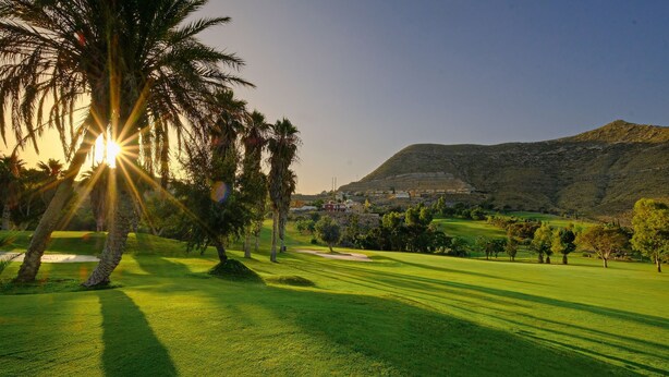 A golf course with a mountain in the background and palm trees in the foreground.
