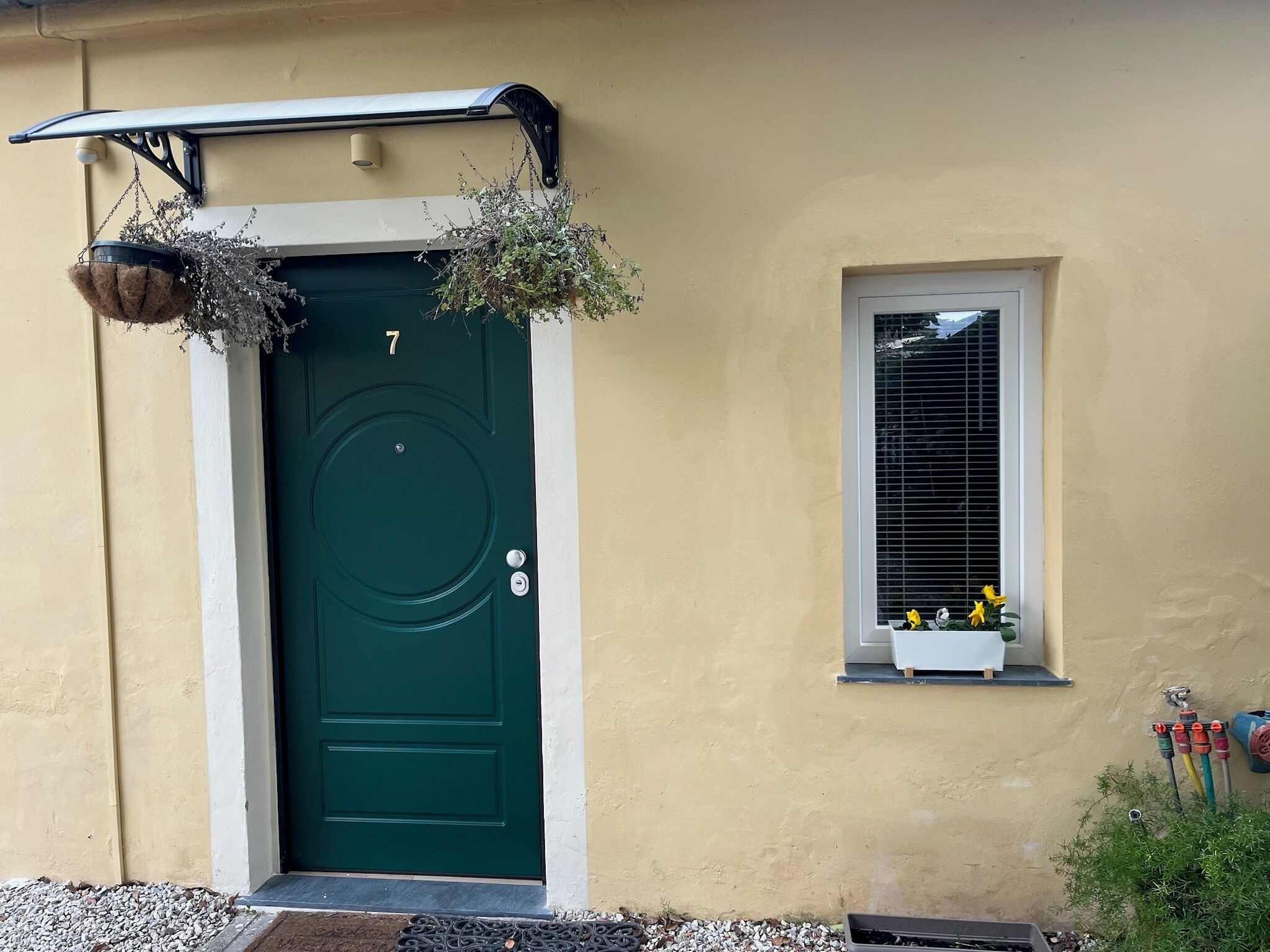 A green door with the number 7, a small window with yellow flowers, and a hanging plant.