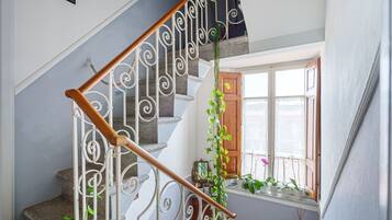 A staircase with ornate metal railings and wooden handrails, leading to a landing with a window and potted plants.