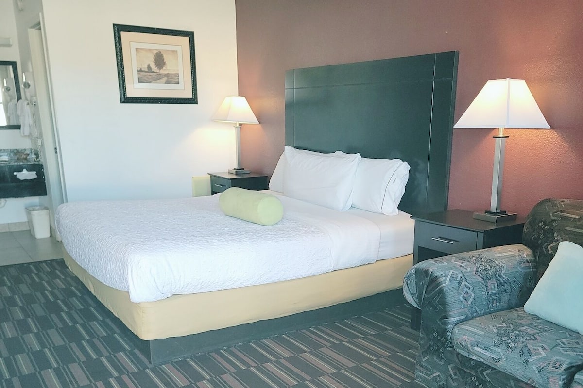 Una habitación de hotel con una cama grande, dos mesitas de noche, un sofá estampado y un cuadro en la pared.