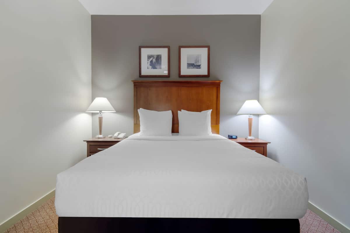 Une chambre d’hôtel avec un grand lit, deux tables de chevet avec des lampes et deux tableaux encadrés au mur.