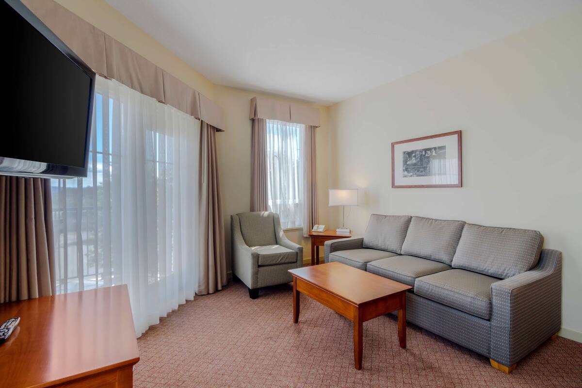 Une chambre d’hôtel avec un canapé, un fauteuil, une télévision et un tableau encadré au mur.