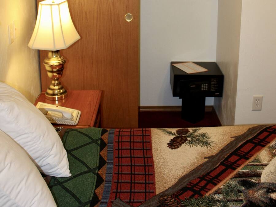 A hotel room with a bed, a nightstand with a lamp, a wooden wardrobe, and a small black device on a stand.