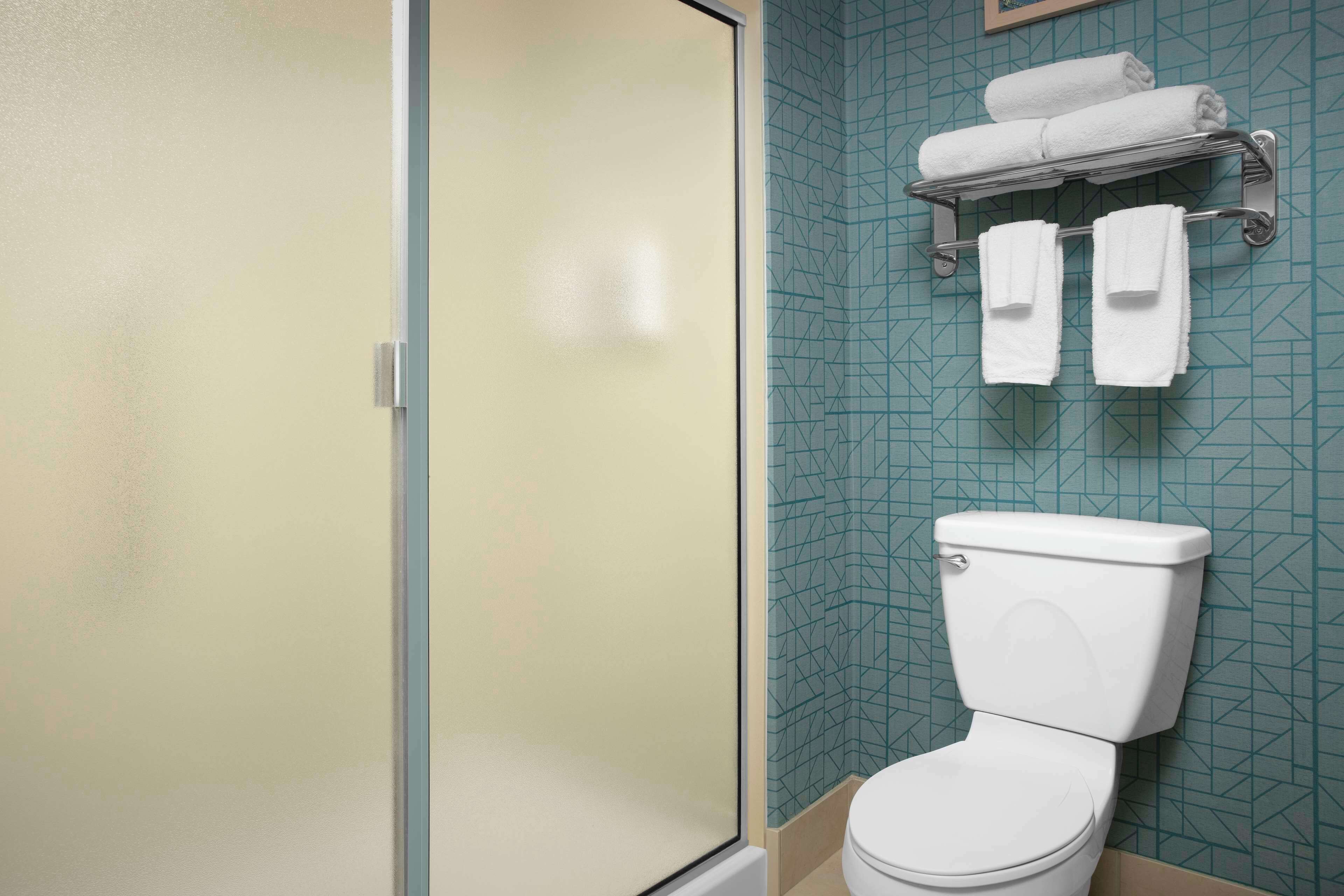 Et badeværelse med toilet, glasvæg til brusebad og et håndklædestativ med håndklæder.