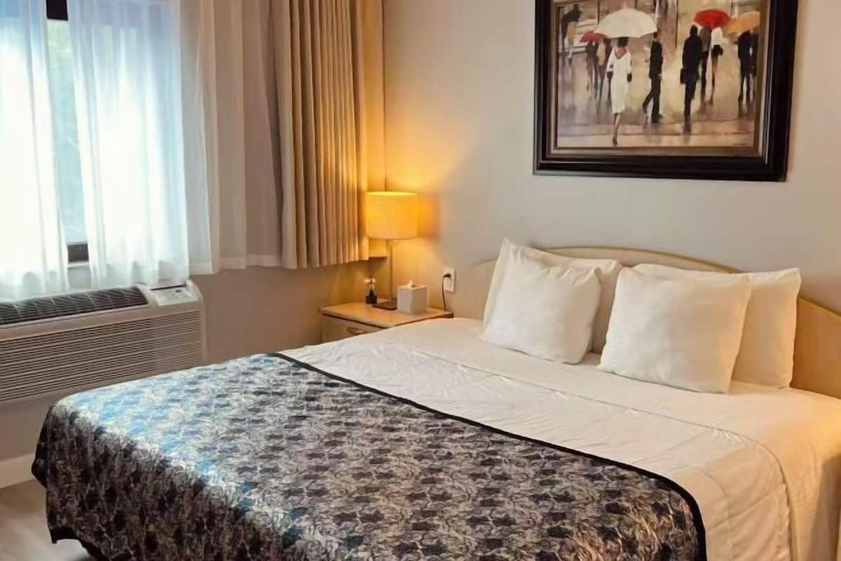 Una habitación de hotel con cama, lámpara, un cuadro y unidad de aire acondicionado.