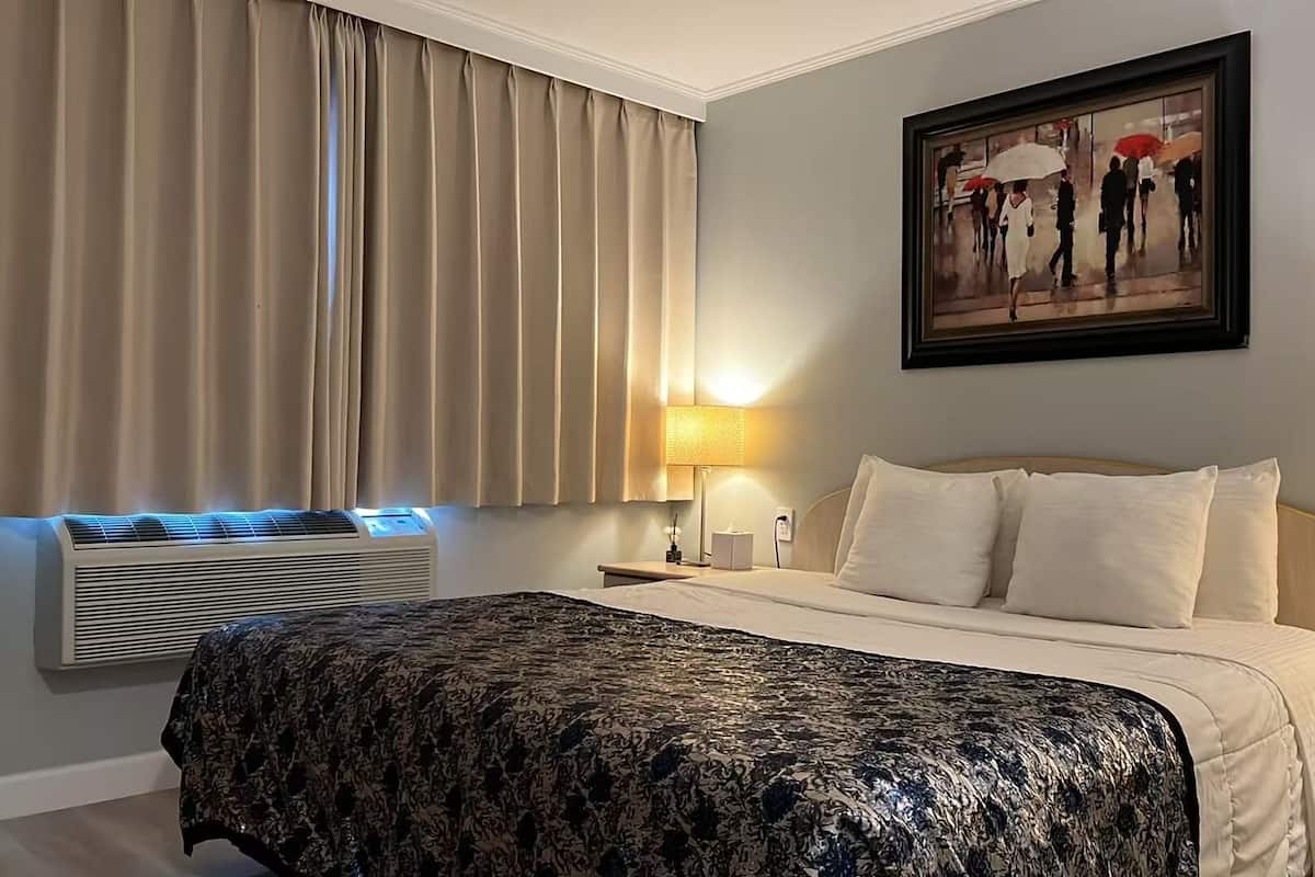 Una habitación de hotel con una cama, una mesita de noche, una lámpara, un cuadro, una ventana con cortinas y un equipo de aire acondicionado.