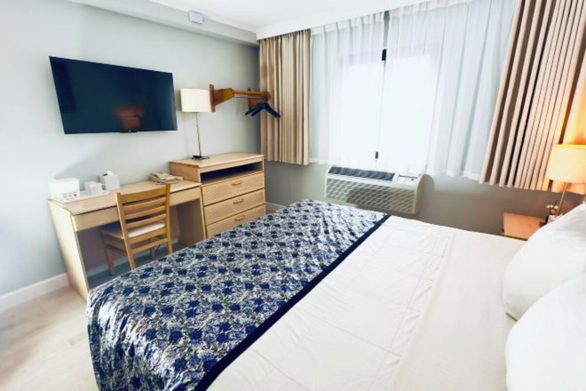 A hotel room with a bed, a desk, a chair, a TV, a lamp, and a window with curtains.
