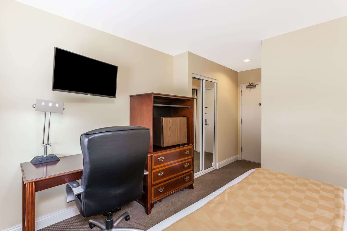 Habitación de hotel con cama, escritorio con silla, televisor montado en la pared, armario y puerta que da a un baño.