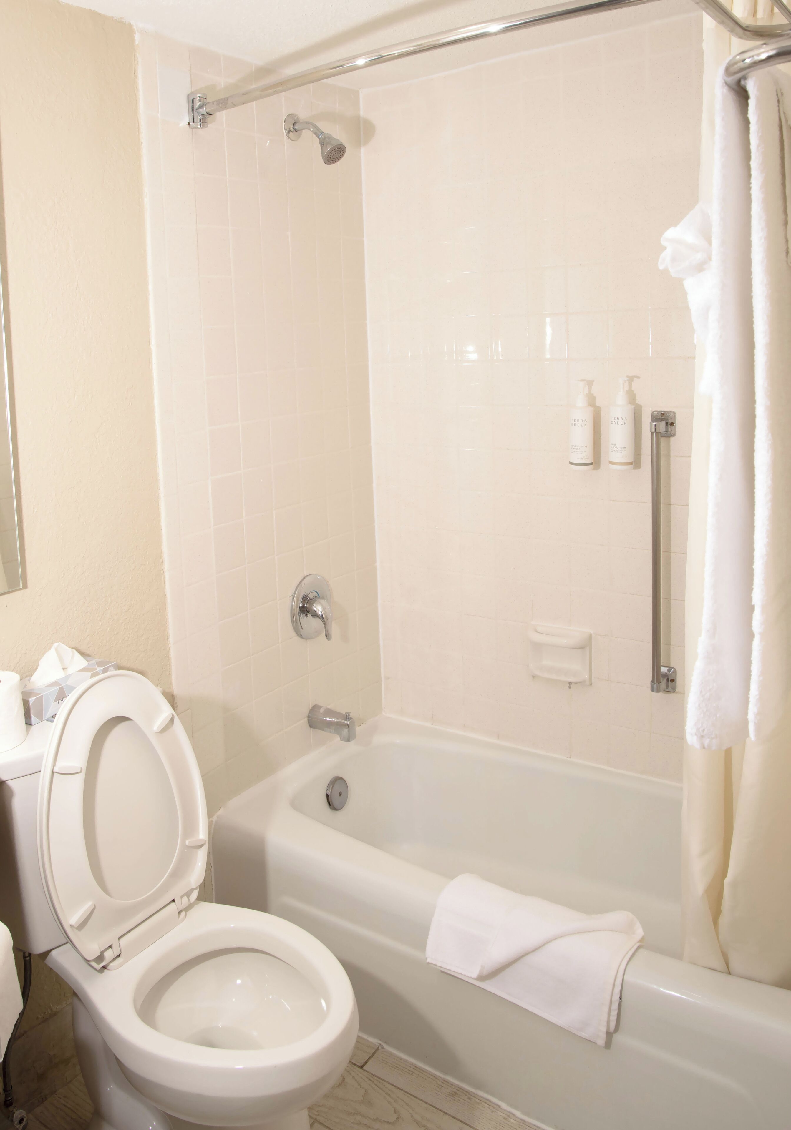 Un baño con inodoro, bañera, ducha y barras de apoyo.