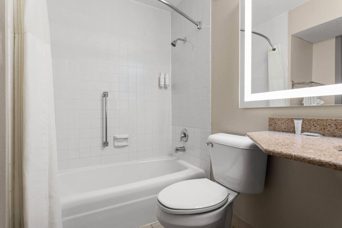 A bathroom with a bathtub, toilet, and a vanity with a mirror.
