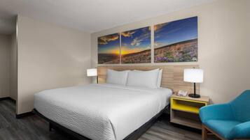 A hotel room with a bed, a nightstand with a lamp, a chair, and a wall with three landscape paintings.