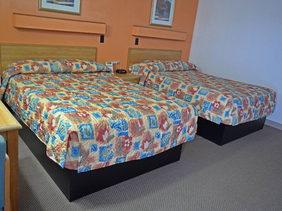 Una cama doble con una colcha estampada, una mesita de noche y una silla.