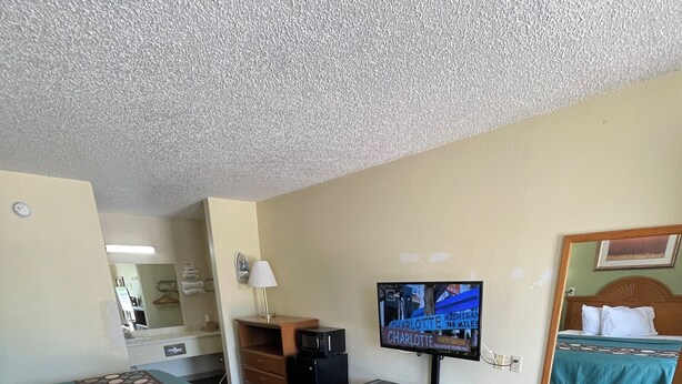 Una habitación de hotel con dos camas, televisión, escritorio y espejo.