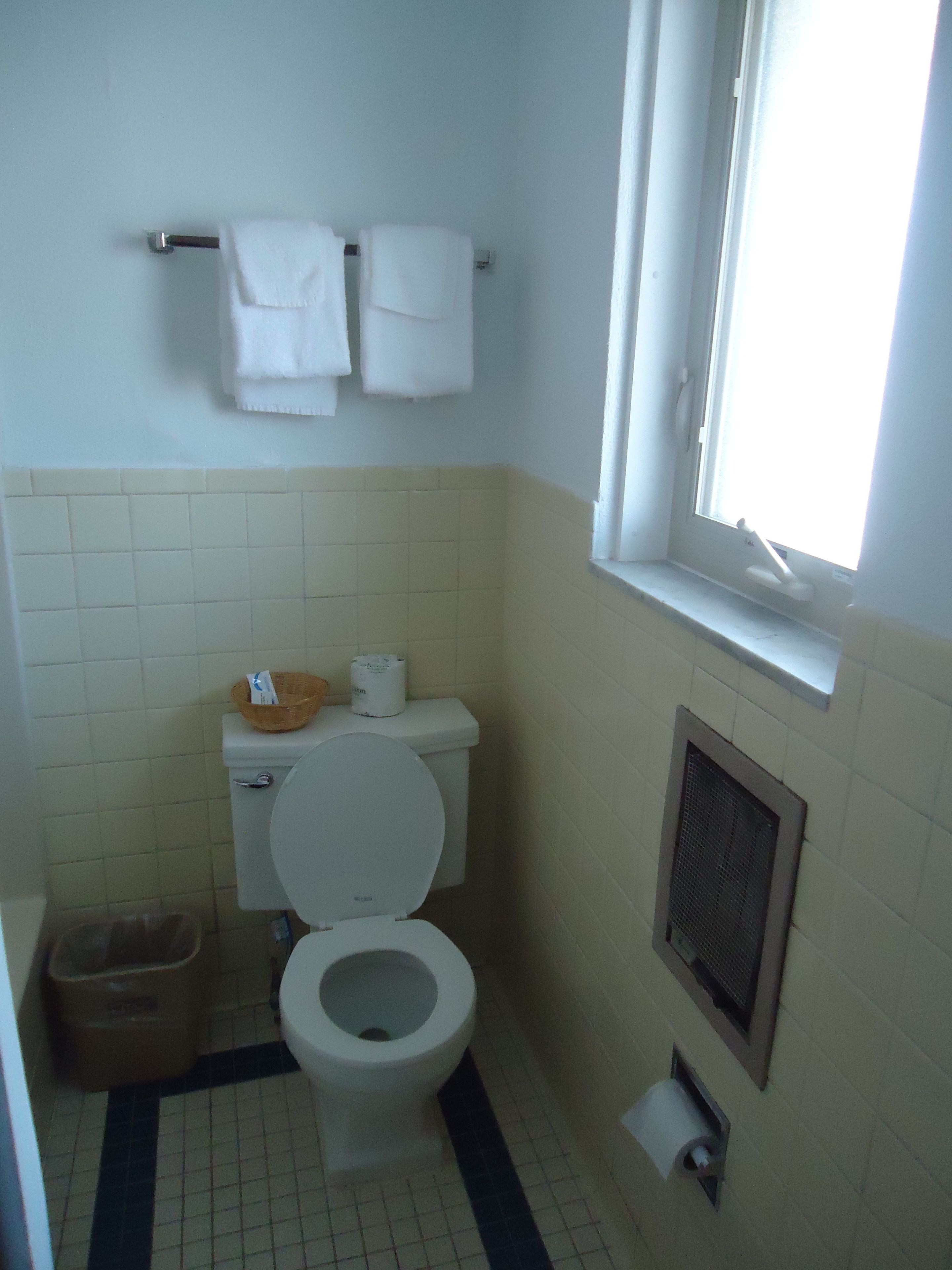A small, basic bathroom with a toilet, a trash bin, a window, and a towel rack.