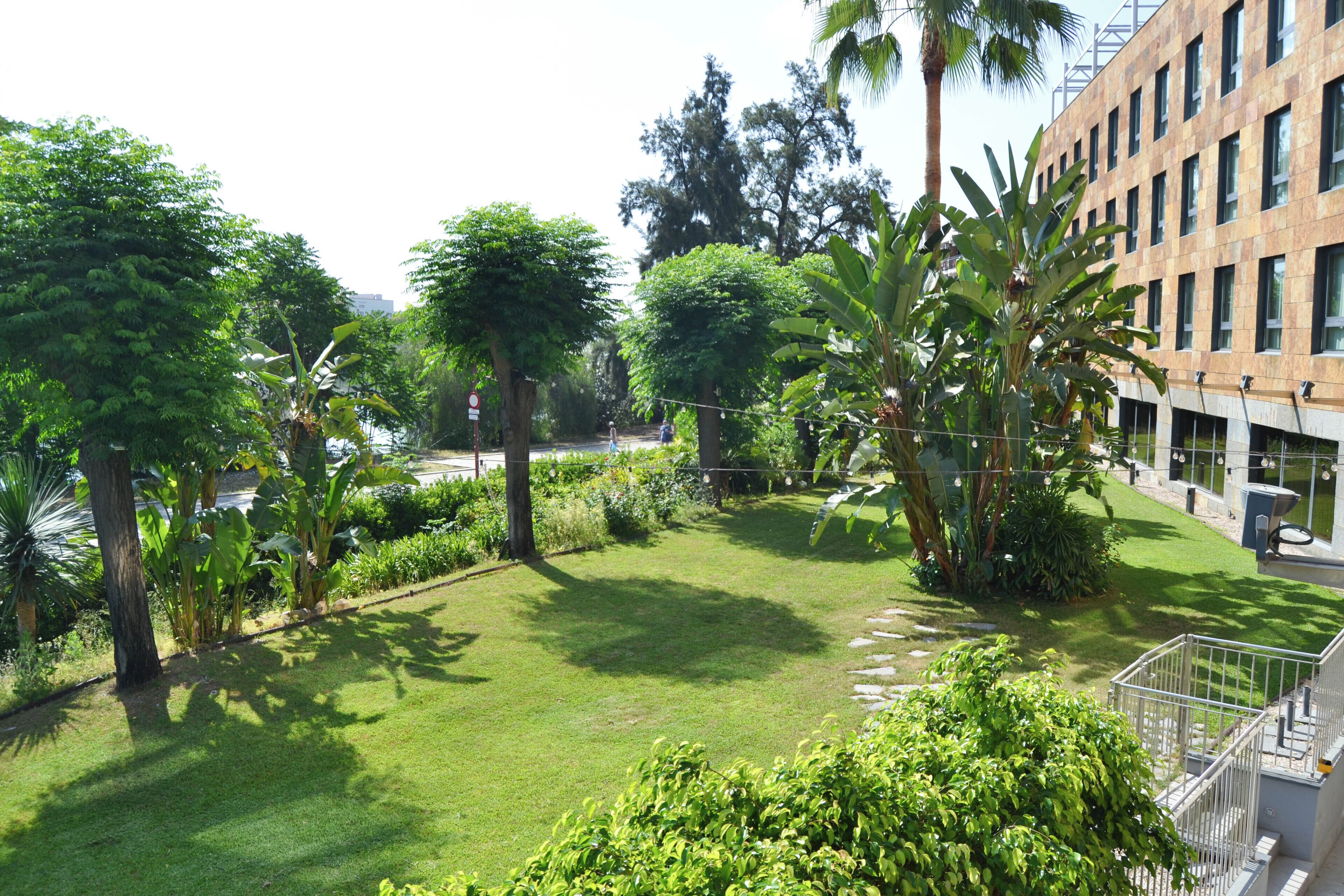 A well-maintained courtyard with lush greenery, a clear sky, and a modern building with large windows.