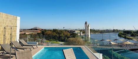 Seasonal outdoor pool, sun loungers