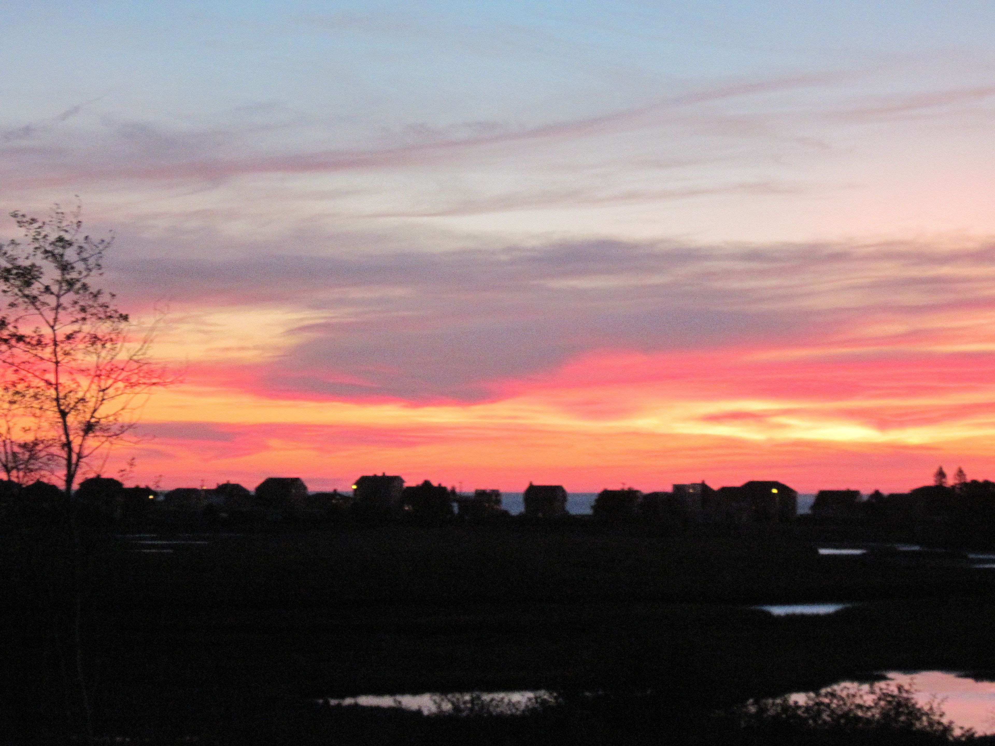 A sunset over a rural landscape with silhouettes of trees and houses.