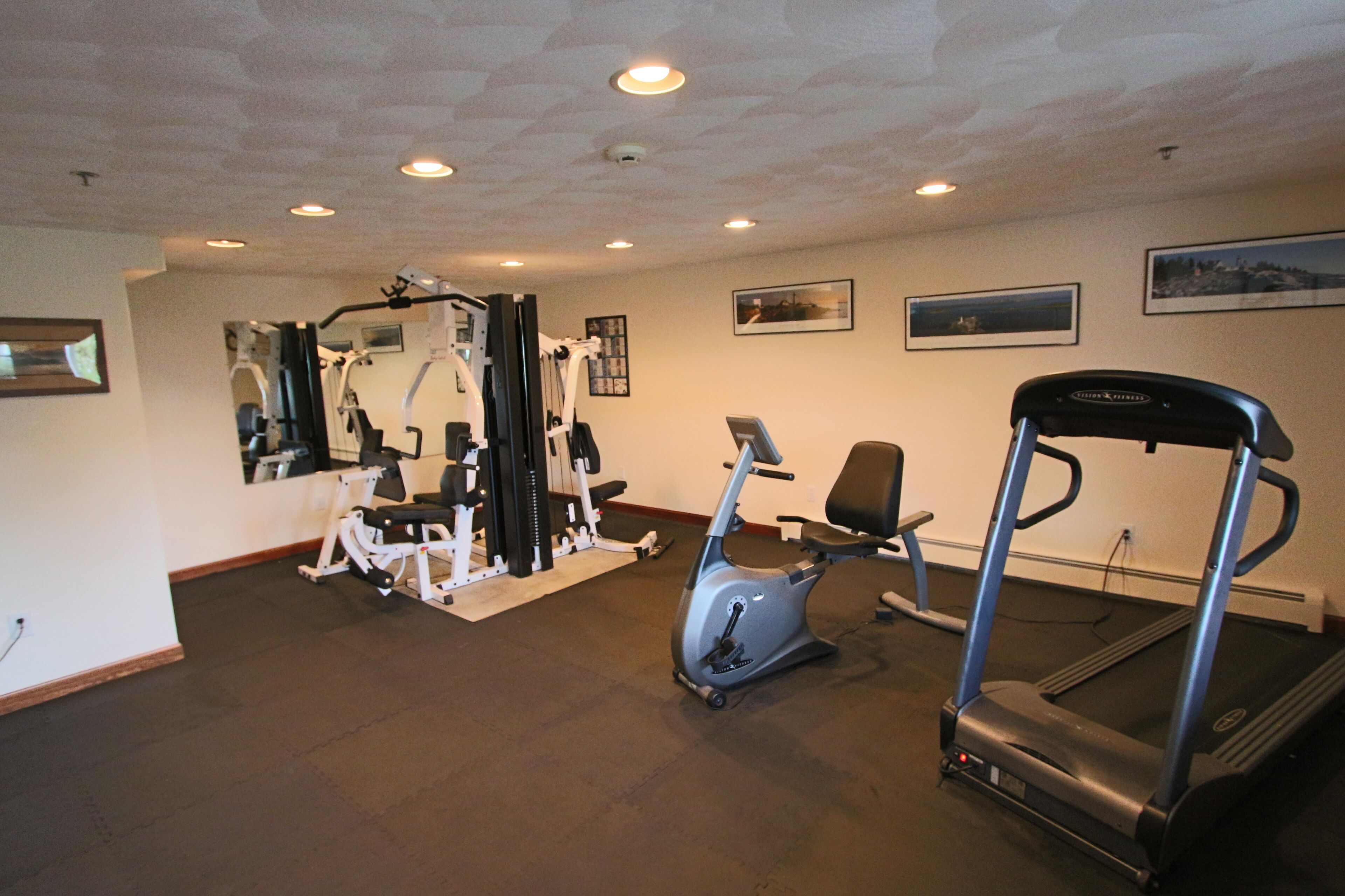 Een sportschool thuis met een loopband, een hometrainer en krachtapparaten.