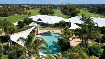 Outdoor pool, pool umbrellas, pool loungers