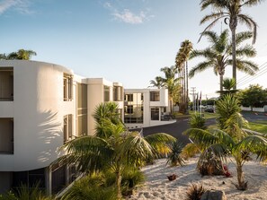 A modern building with a curved facade, large windows, and a landscaped area with palm trees and a gravel path. - Carnmore Hotel Takapuna (Auckland)