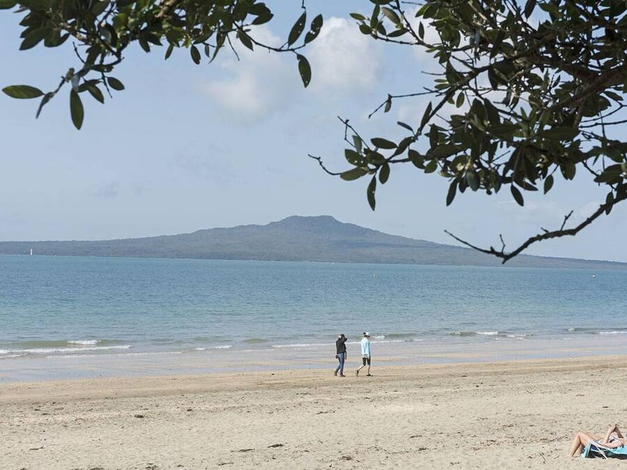 A beach with people walking and relaxing, a dog, and a mountain in the background.