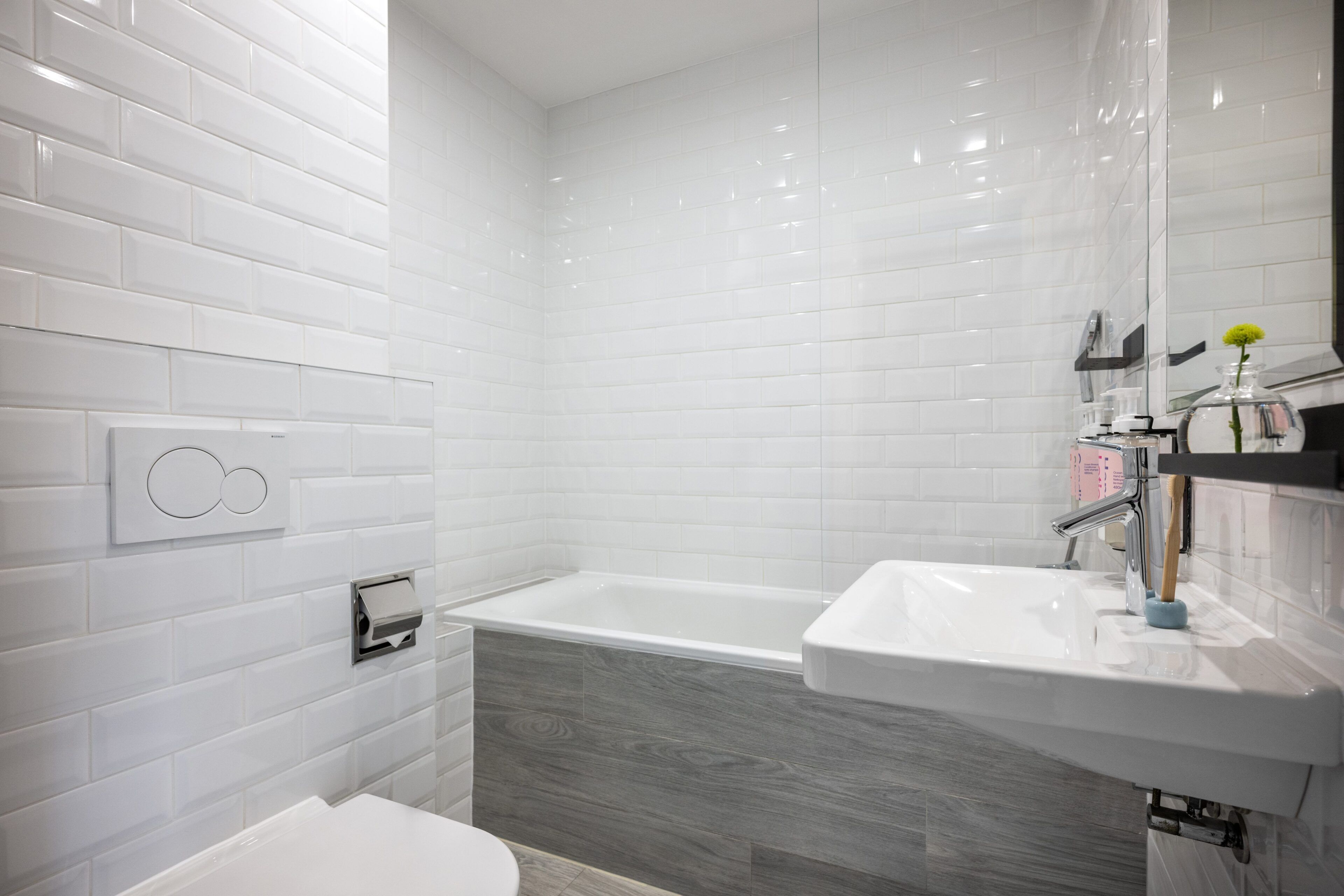 Designer toiletries, hair dryer, towels, soap