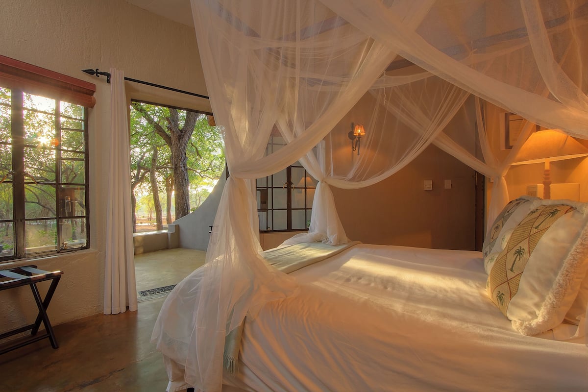 A bedroom with a canopy bed, large windows, and a view of trees.