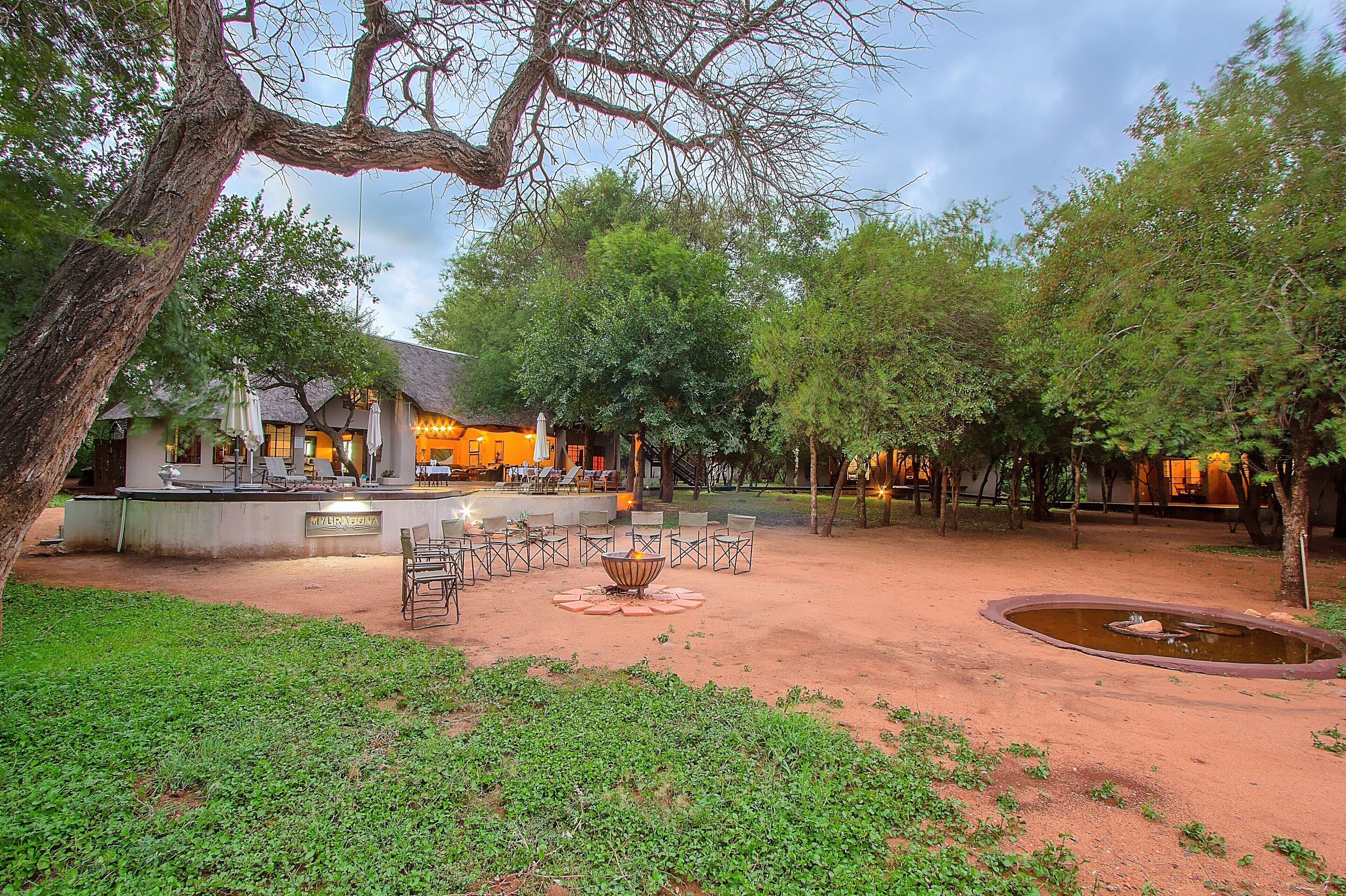 A rustic outdoor seating area with a fire pit, surrounded by trees and a small pond.
