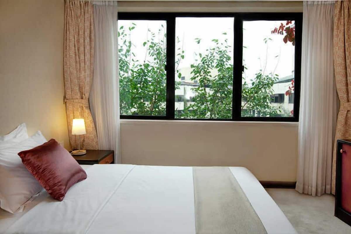 Une chambre d’hôtel avec un lit, une table de chevet avec une lampe et une fenêtre donnant sur des arbres et des immeubles.