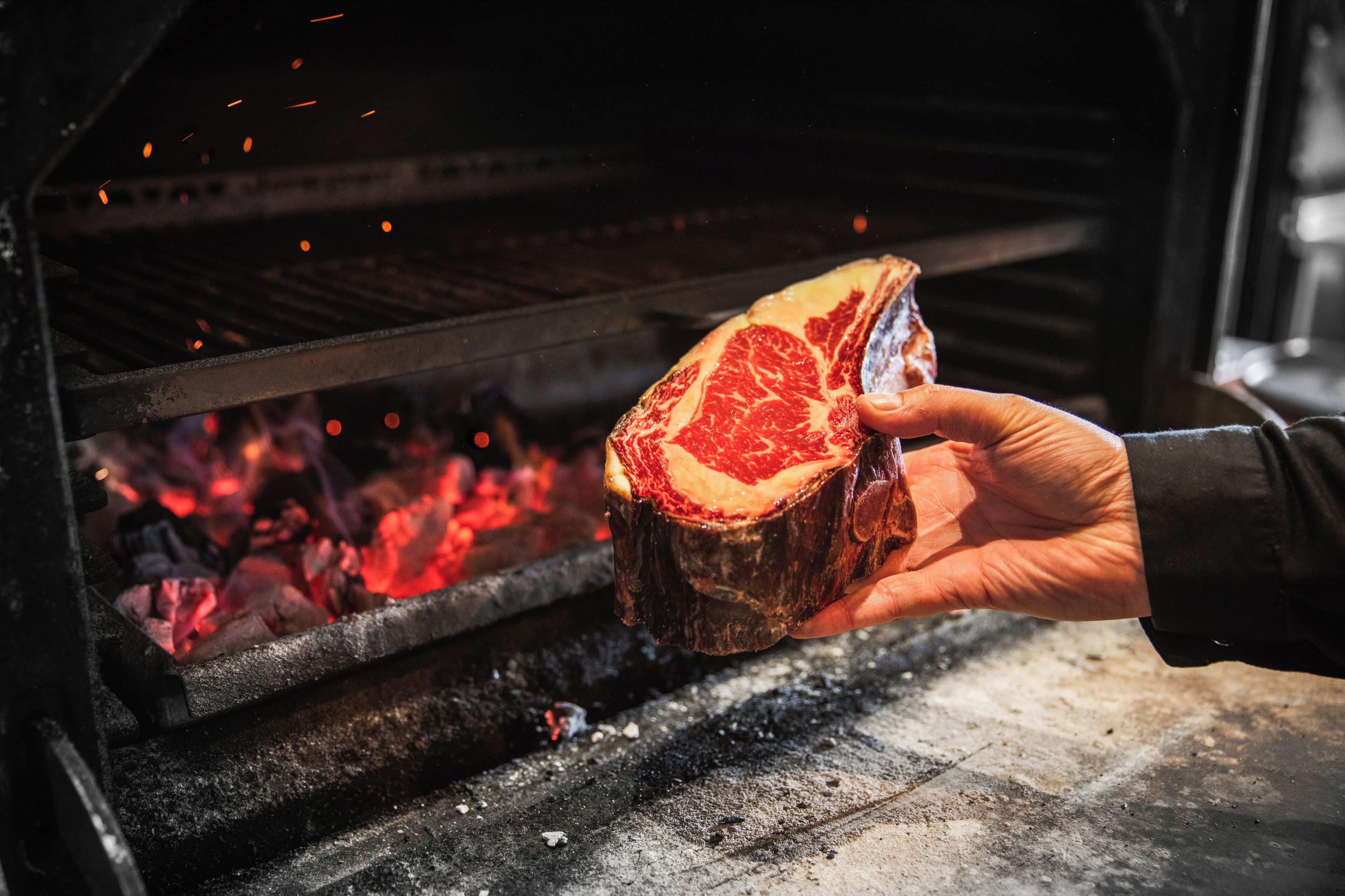Una mano sosteniendo un bistec sobre un horno abierto con brasas encendidas.