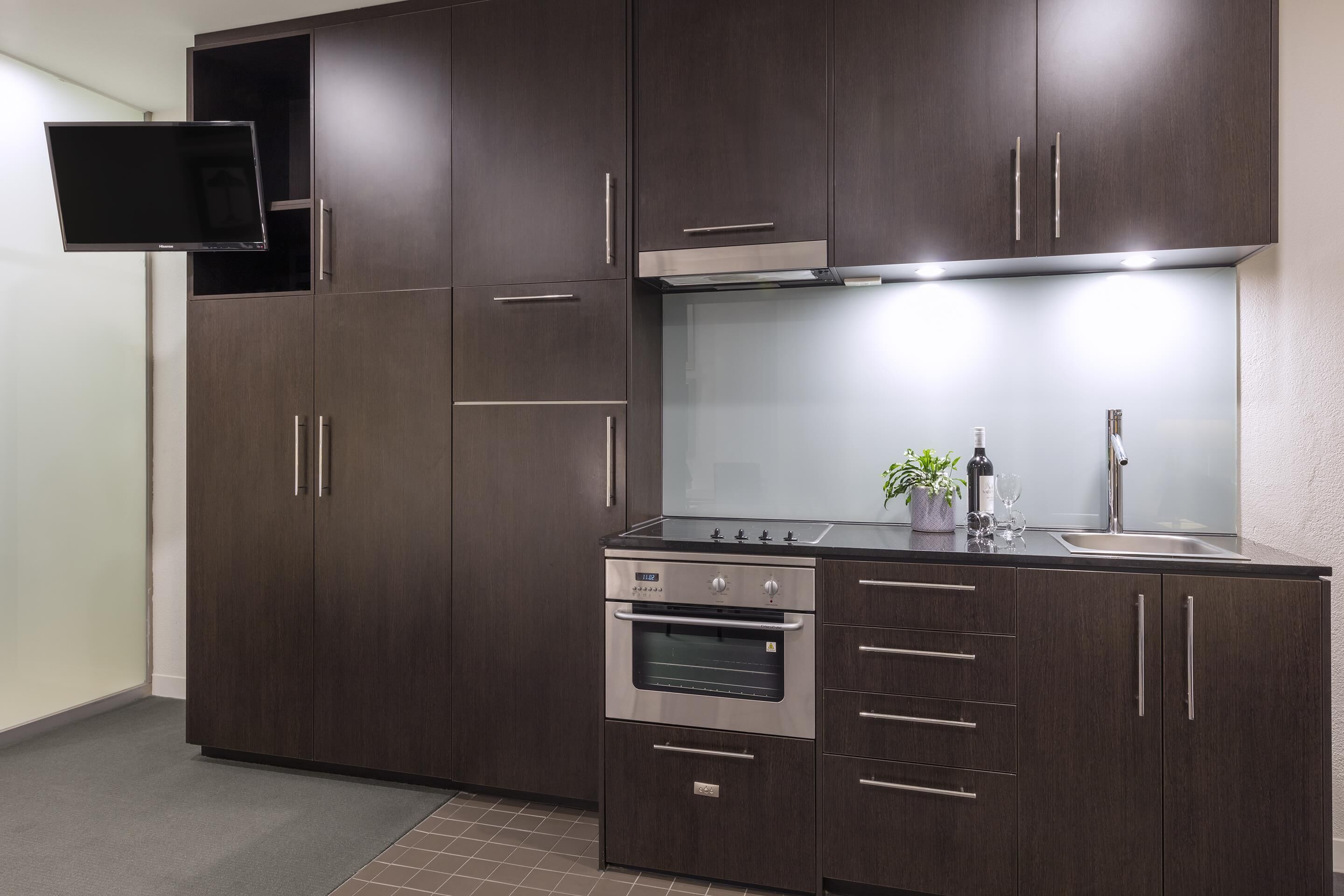 Premium bedding, desk, blackout curtains, soundproofing