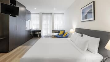 Premium bedding, desk, blackout curtains, soundproofing