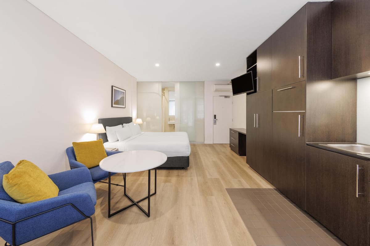 Premium bedding, desk, blackout curtains, soundproofing