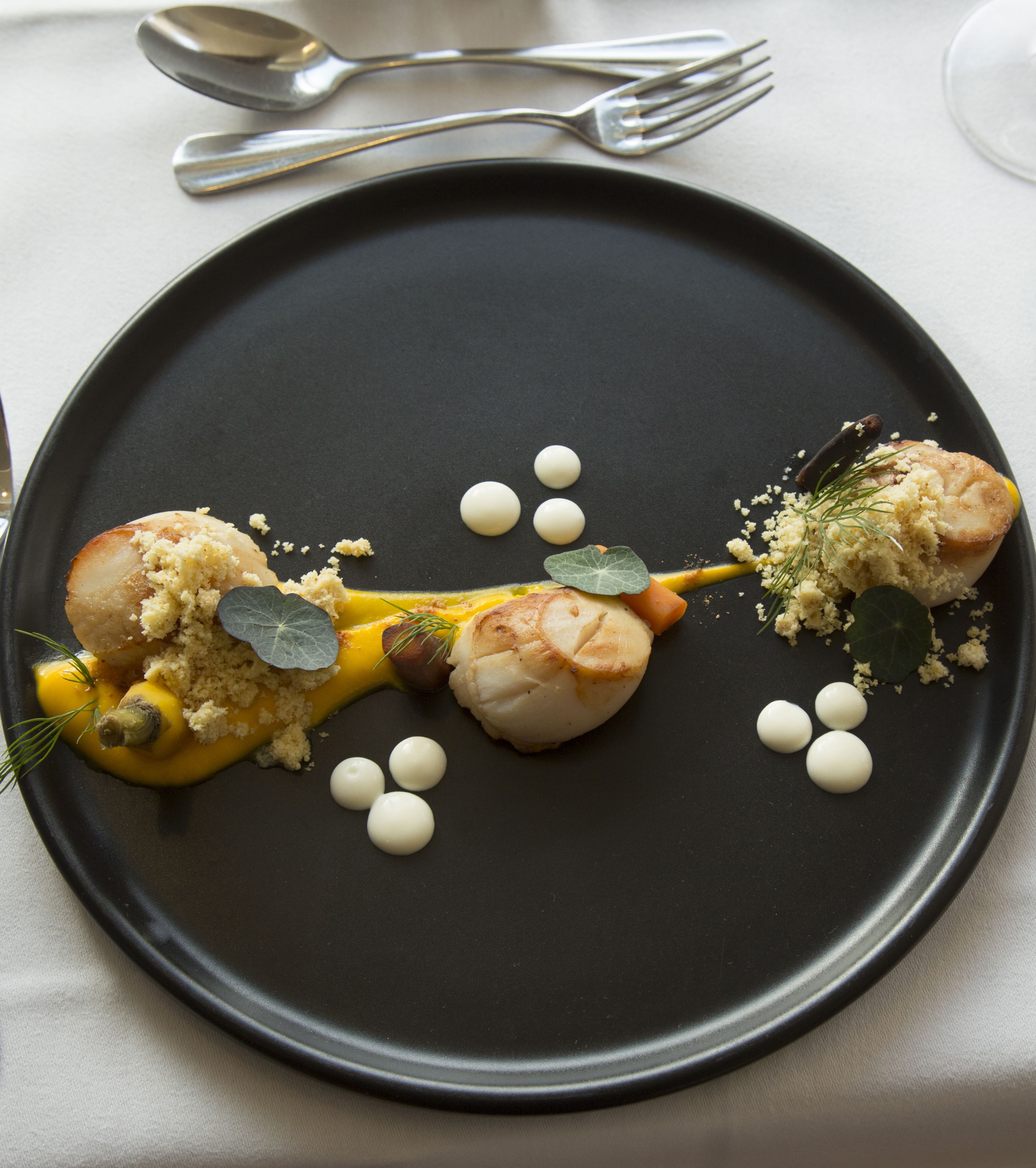Ein schwarzer Teller mit einem Fischgericht, garniert mit Kräutern und kleinen weißen Kugeln, dazu eine Gabel und ein Löffel auf einer weißen Tischdecke.