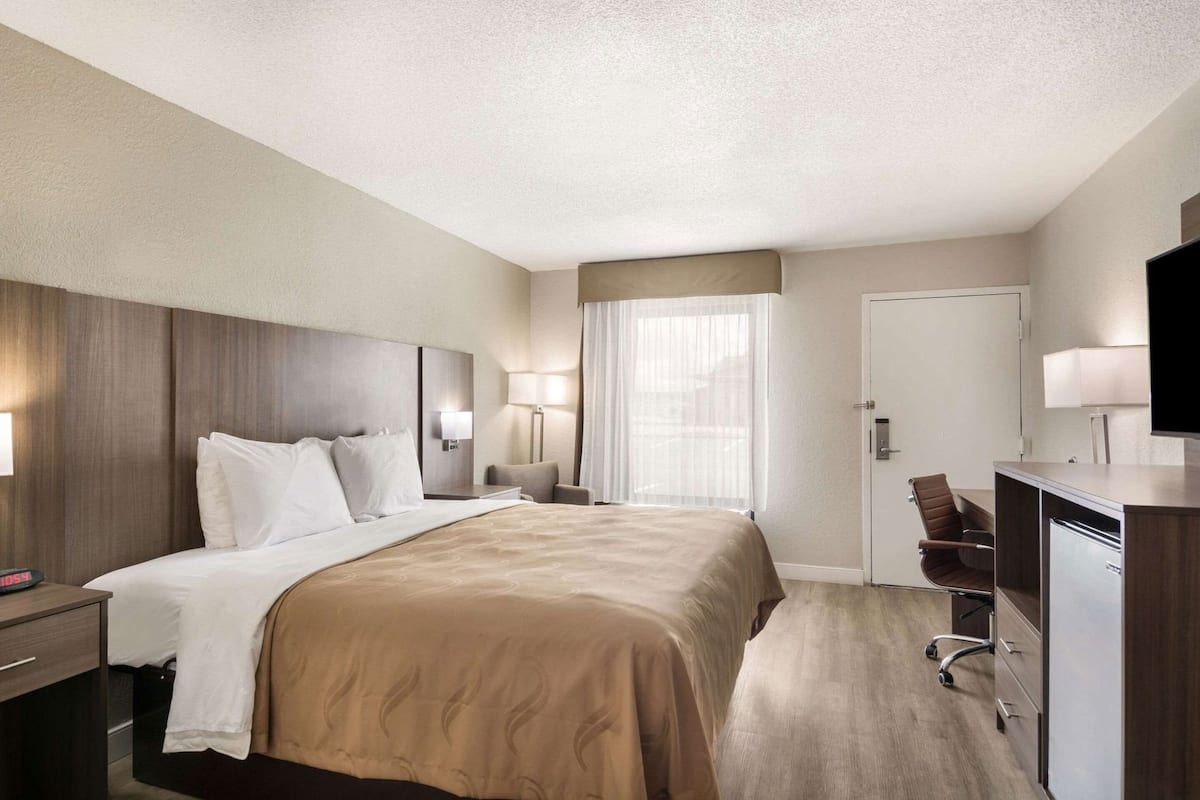 Une chambre d’hôtel avec un lit, un bureau, une chaise, une télévision et une porte.
