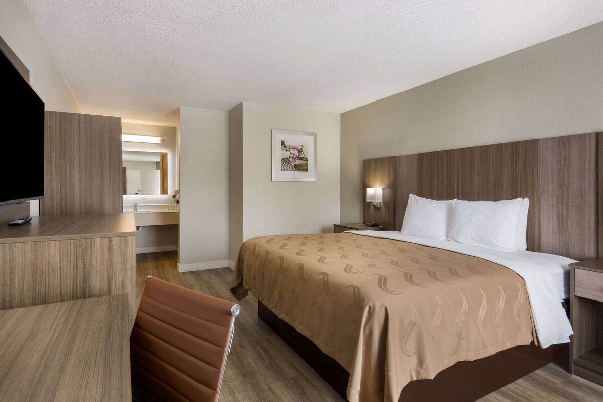 Une chambre d’hôtel avec un lit, un bureau, une chaise, une télévision et un tableau encadré au mur.