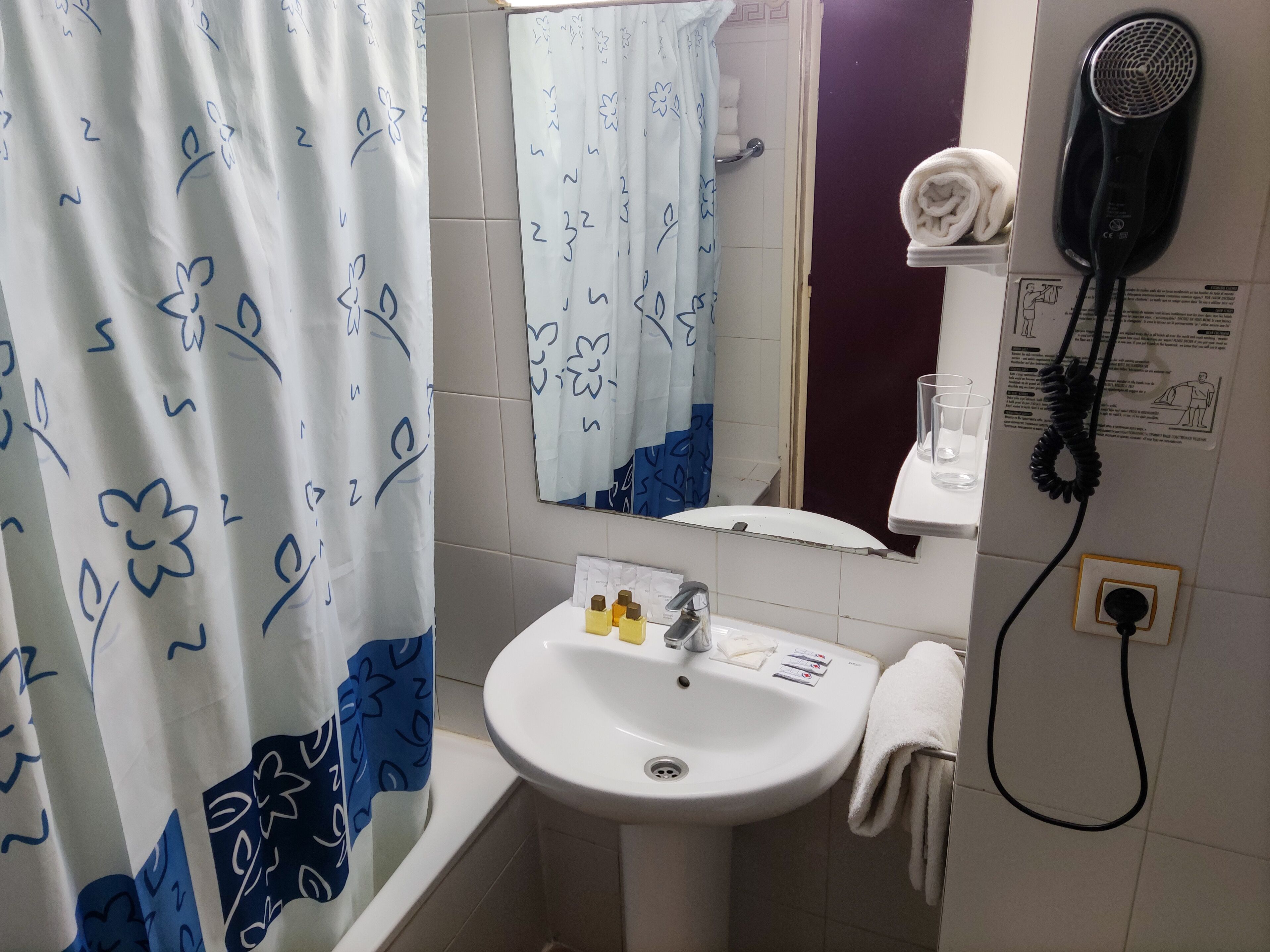 A bathroom with a white sink, a mirror, a shower curtain with floral patterns, a hairdryer, and a towel rack.